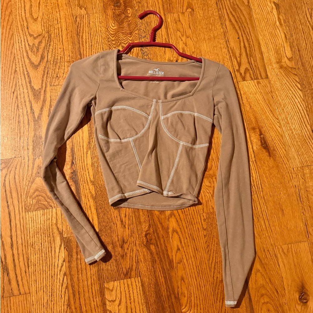 Hollister Cream Crop Fitted Bustier Long Sleeve Top
